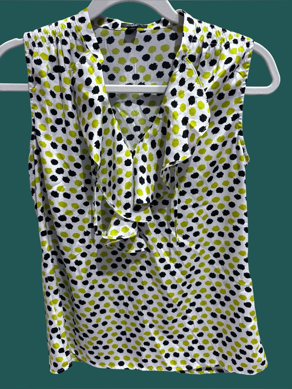 Ann Taylor sleeveless ruffle spotted blouse small